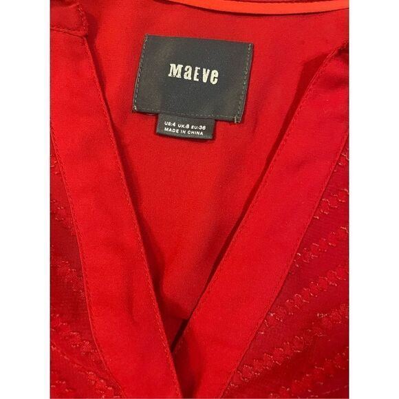 ANTHROPOLOGIE MAEVE Red Chevron Inlay Popover Top Blouse Sz. 4 - Picture 4 of 11